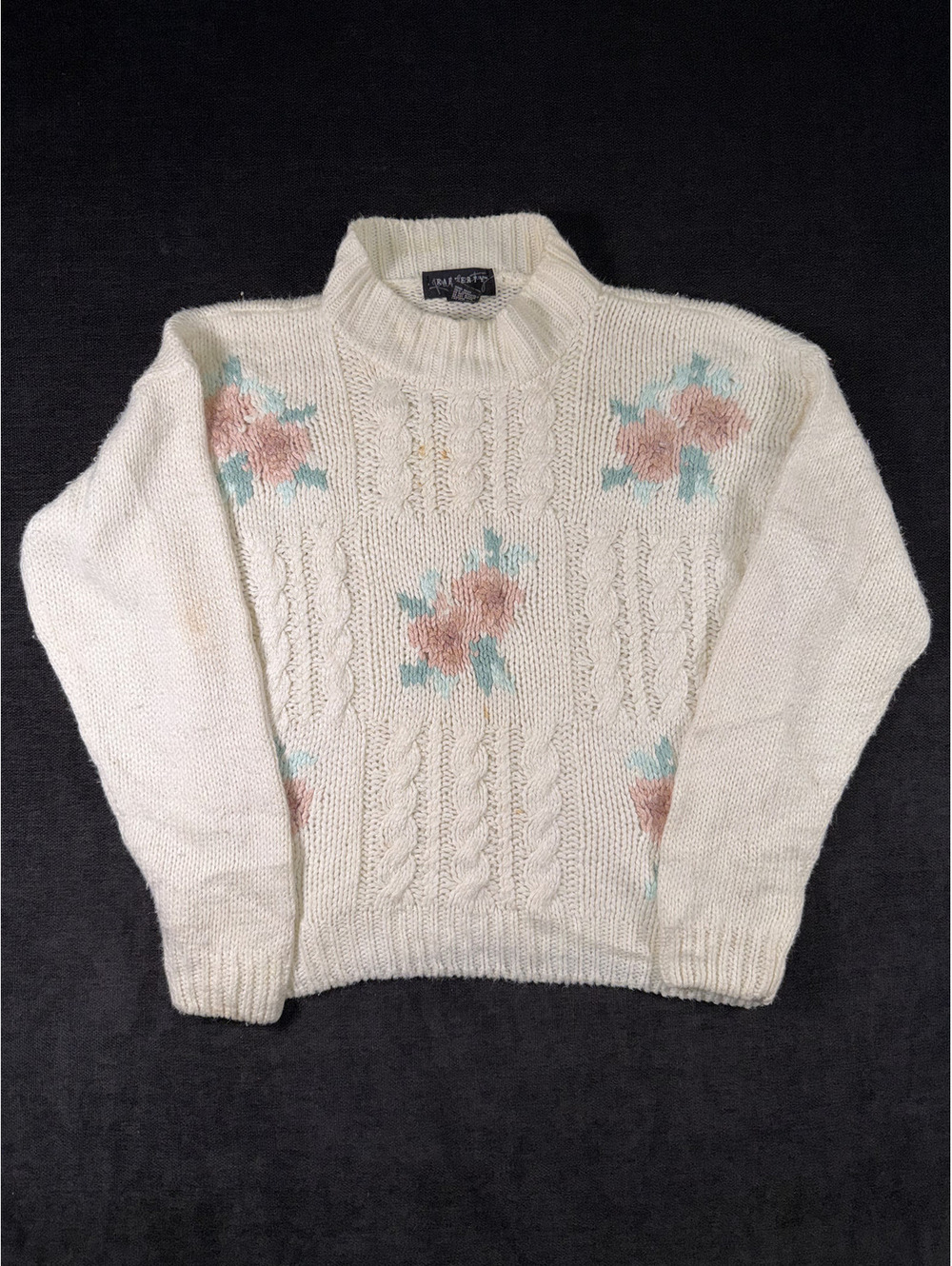 Vintage Rafferty Cream Cable Knit Sweater with Floral Pattern